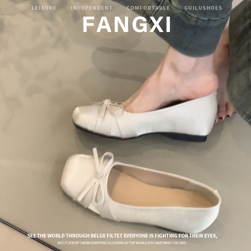 法式小个子方头内芭蕾鞋女2025年新款浅口鞋子蝴蝶结平底单鞋 - 图0