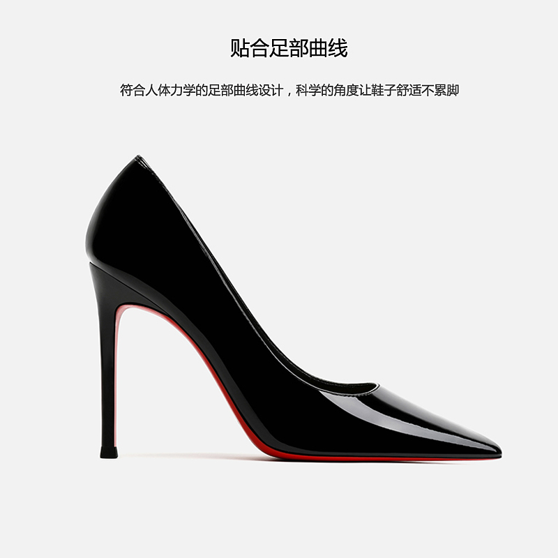 红底高跟鞋女新款2024尖头真皮设计感小众网红气质黑色细跟单鞋秋 - 图0
