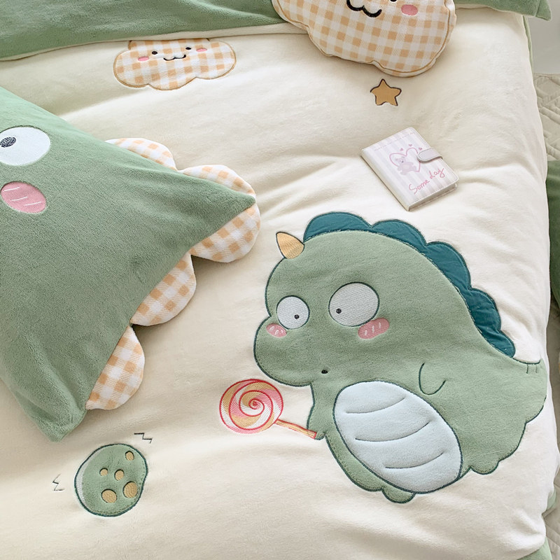 可爱恐龙保暖秋冬季牛奶绒四件套卡通刺绣加厚珊瑚绒被套床上用品,淘宝优惠券,粉丝福利购,淘宝优惠卷