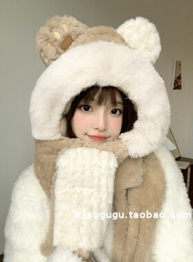 小猫脚印毛绒帽子围巾手套一体