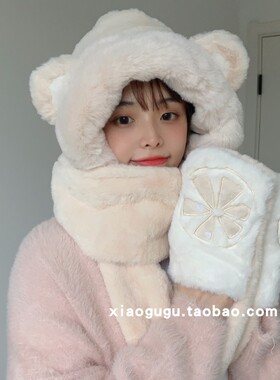 帽子围巾手套一体女可爱彩色柠檬