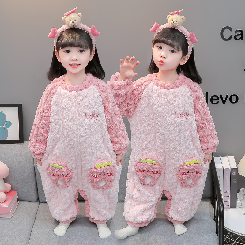 女童连体睡衣冬款法兰绒双层加绒宝宝冬季睡袋女孩秋冬加厚珊瑚绒 - 图0