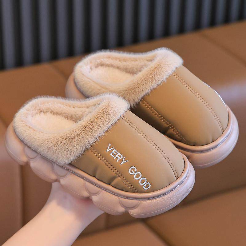 儿童棉拖鞋冬季男童皮面防水小孩居家室内女童宝宝加绒棉拖鞋防滑 - 图0