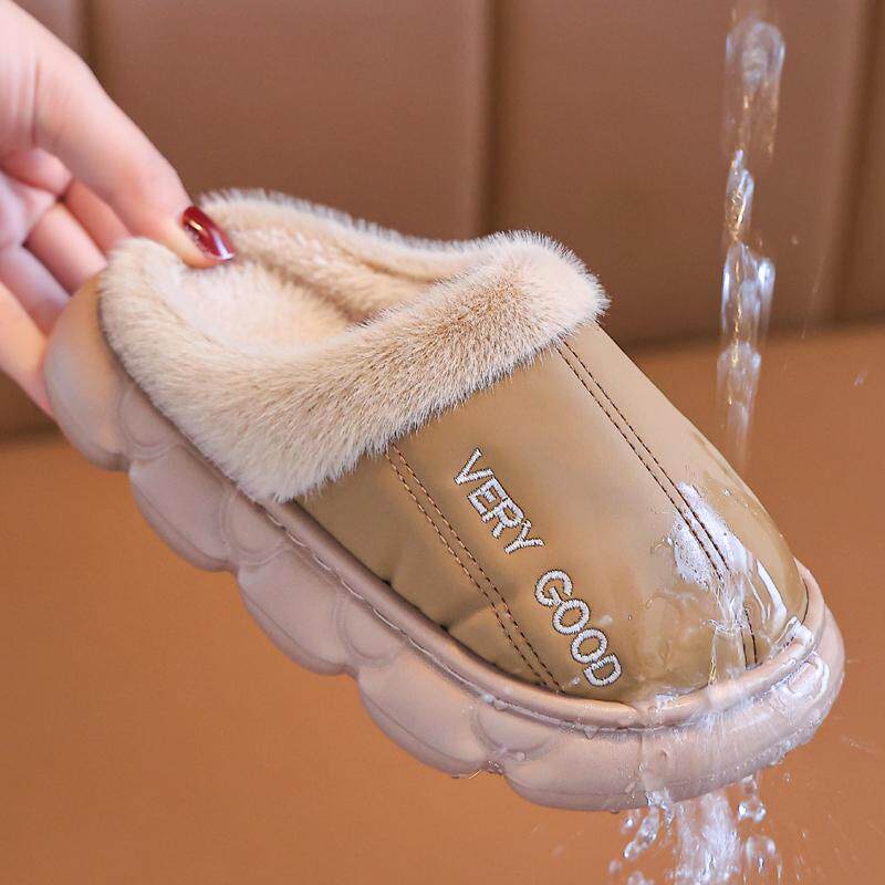 儿童棉拖鞋冬季男童皮面防水小孩居家室内女童宝宝加绒棉拖鞋防滑 - 图1