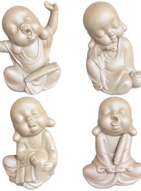 粗陶和尚弹琴小沙弥紫砂佛像