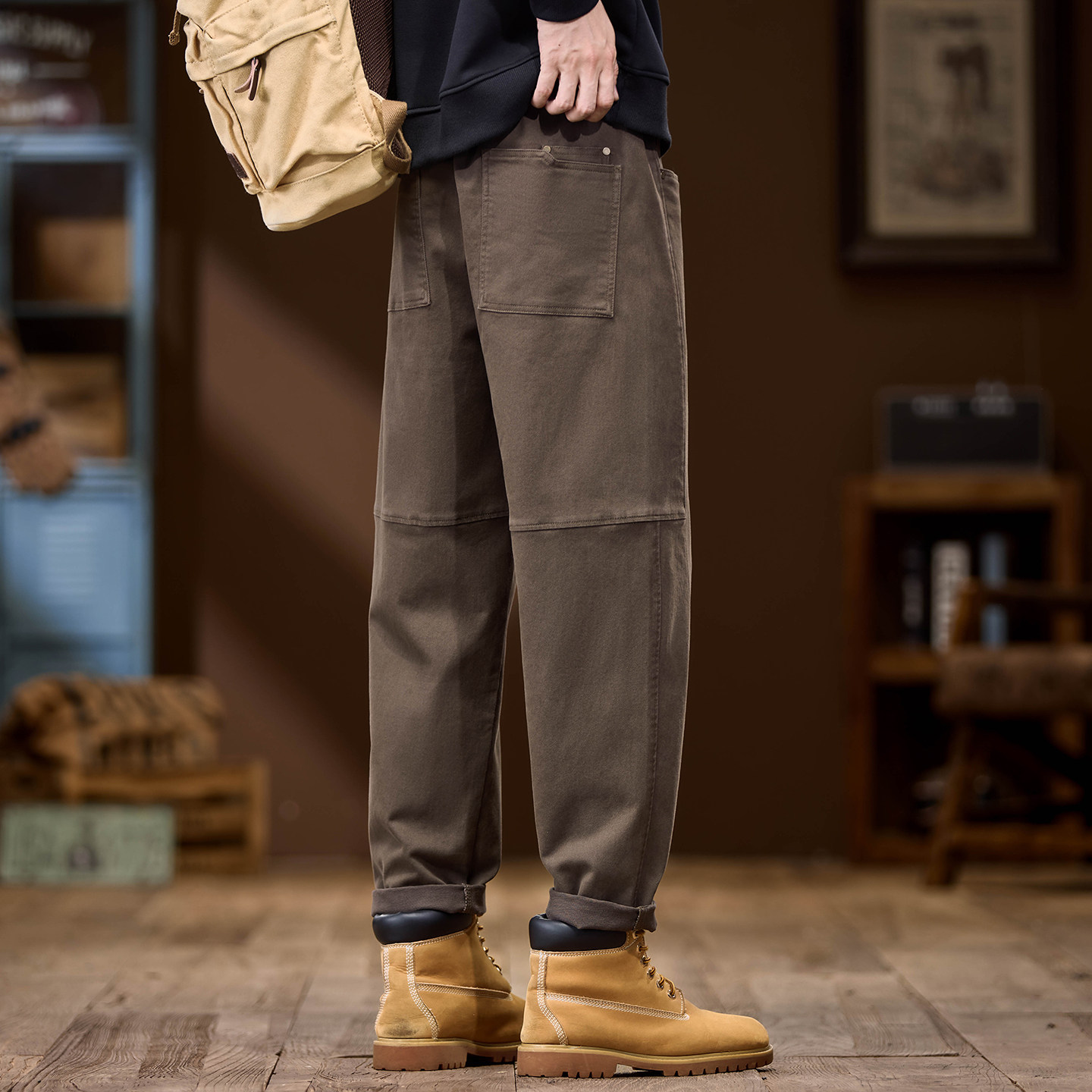 花花公子秋冬季美式重磅工装裤子男士宽松百搭耐磨加绒休闲长裤子 - 图1