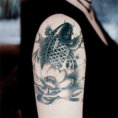 莲花富贵鱼防水纹身贴男女款持久鲤鱼锦鲤手臂仿真花臂包小腿刺青 虎窝淘