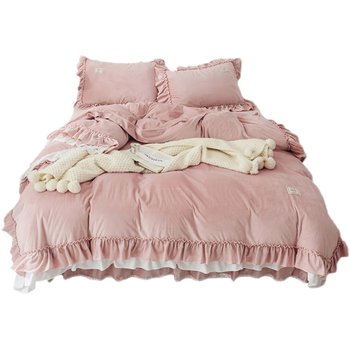 ສະໄຕລ໌ເອີຣົບ thickened crystal velvet ສີ່ຊິ້ນລະດູຫນາວສອງດ້ານ flannel quilt cover coral velvet plus velvet bed skirt style Princess