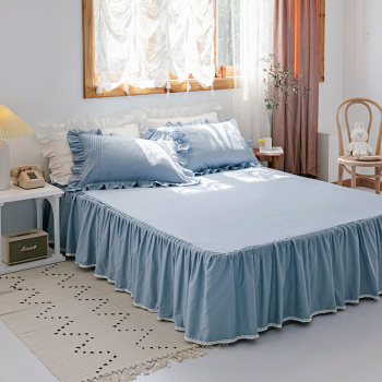 Korean solid color Princess style cotton four-piece set simple cotton bedbed skirt style quilt cover sheet ruffles