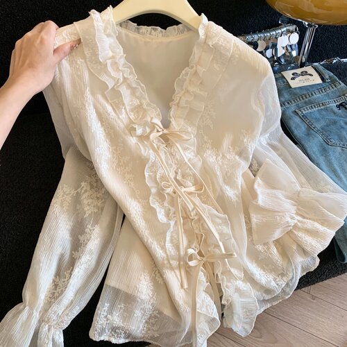 Jade Closet直营店推荐~美拉德甜美风花边v领设计感长袖蕾丝衬衫 - 图1