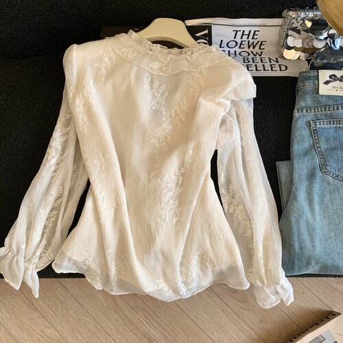Jade Closet直营店推荐~美拉德甜美风花边v领设计感长袖蕾丝衬衫 - 图0