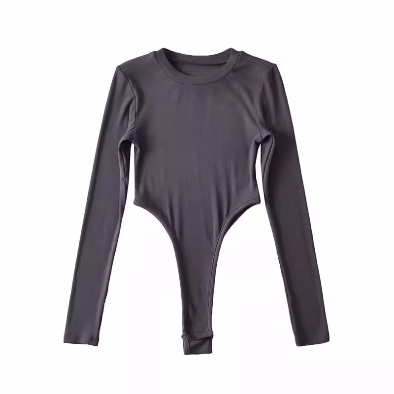 欧美秋季新品圆领高叉露腰连体长袖T恤纯色弹力修身连身连裆上衣 - 图2