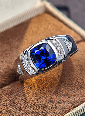 原创蓝宝石戒指男纯银镀金