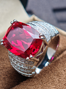 时尚红宝石戒指男银镀金