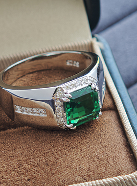 祖母绿切工绿尖晶925纯银镀金男士戒指时尚个性钻戒18K金质感刻字