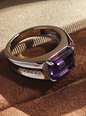 天然巴西紫水晶戒指男925银镀金
