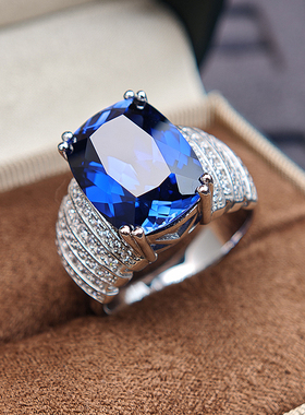 925纯银镀白金男士蓝宝石戒指