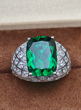 高级感纯银镀金绿宝石戒指男