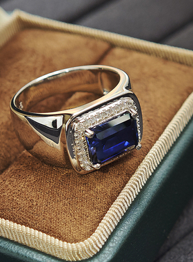 925纯银镀金蓝宝石男戒指个性潮