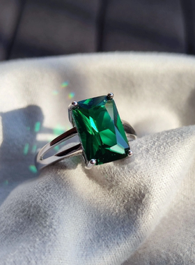 祖母绿水晶绿尖晶彩宝开口戒指活口指环女银镀白金时尚潮