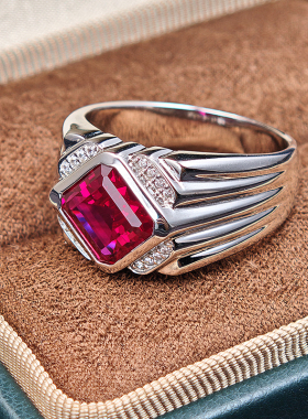 培育红宝石925纯银镀金男士戒指