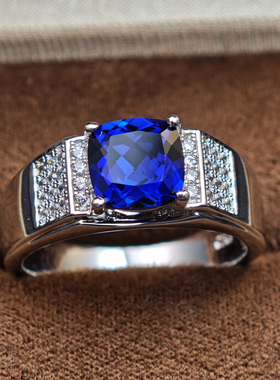 原创小众设计冷淡风高级合成蓝宝石纯银镀金戒指男ins潮个性银饰