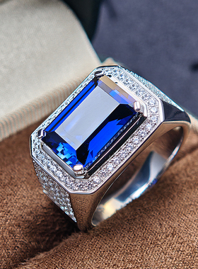 纯银镀金蓝宝石戒指男霸气个性