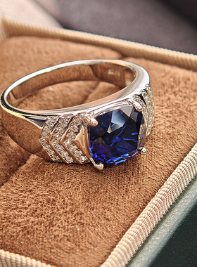 蓝宝石男士戒指925纯银镀金