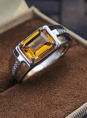 天然黄水晶戒指男潮925纯银镀金