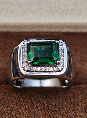 925纯银镀金镶嵌绿宝石男戒指