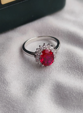 轻奢时尚戴妃款红宝石戒指女925银镀金彩宝指环个性刻字