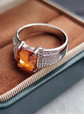 天然黄水晶戒指925银镶嵌时尚个性简约百搭饰品礼物送男友刻字