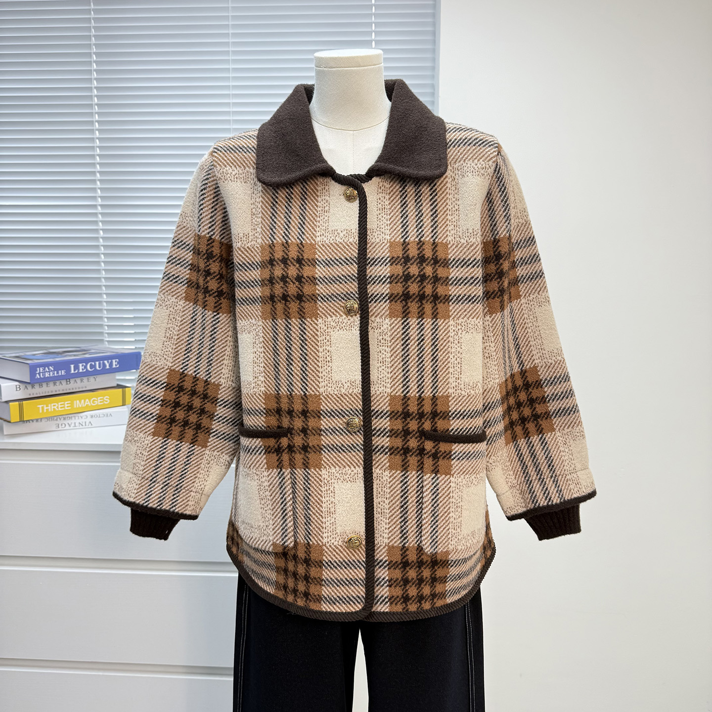 妈妈装秋冬季格子外套衣女中老年时尚女装针织毛衣宽松大码上衣服 - 图1