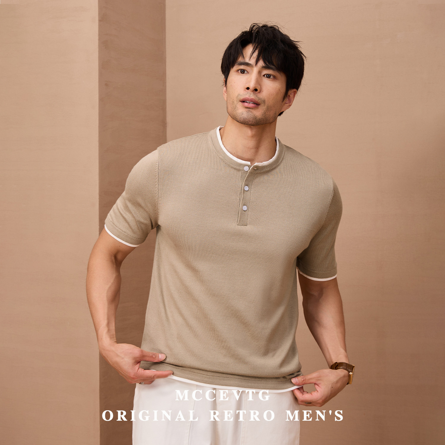 MCCEVTG意式老钱 假两件复古亨利领针织短袖T恤美式纯色休闲春夏,淘宝优惠券,粉丝福利购,淘宝优惠卷