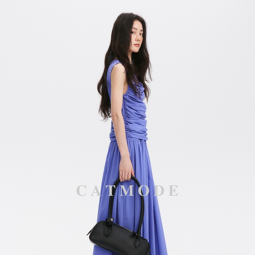 LIOM&CAT蕾丝拼接抽褶收腰连衣裙 法式温柔风无袖长款连衣裙 - 图0