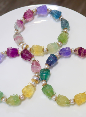 天然萤石水晶手链精工雕刻九尾狐搭配纯银鎏金镶嵌碧玺锆石