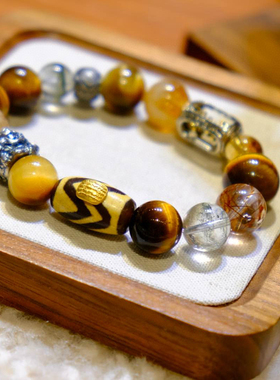 【前途无量】吞金大胃王虎眼石黄塔晶绿幽灵黑金超七双虎牙天珠