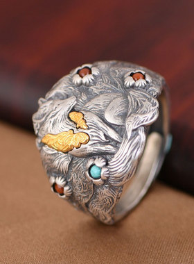 男女纯银复古常青藤狐狸开口戒指