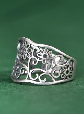 925纯银精致镂空花朵戒指复古女