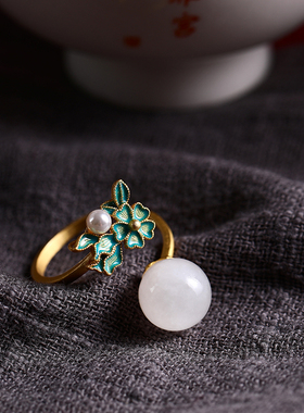 和田白玉戒指纯银景泰蓝宫廷古风