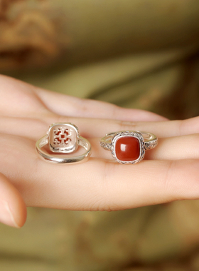 南红玛瑙方形纯银复古做旧戒指