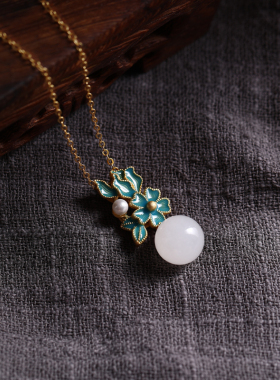 古风宫廷和田白玉烧蓝吊坠女项链