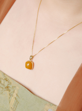 天然蜜蜡方形吊坠纯银项链