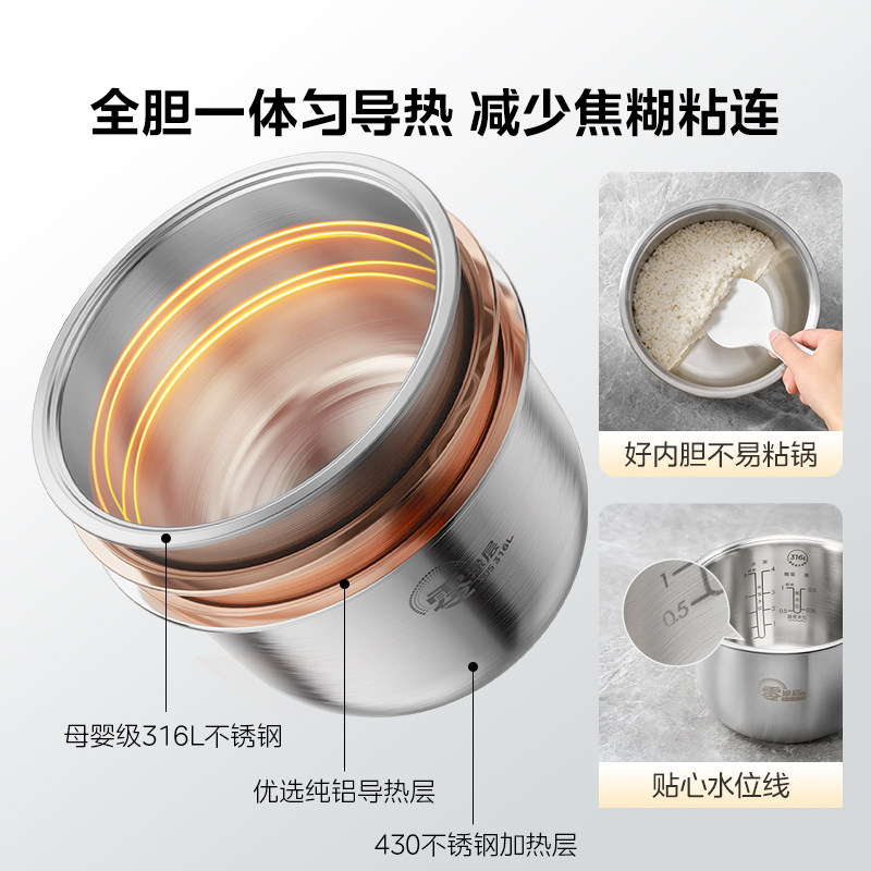 美的低糖电饭煲1到2人家用多功能316L不锈钢0涂层一人食电饭锅
