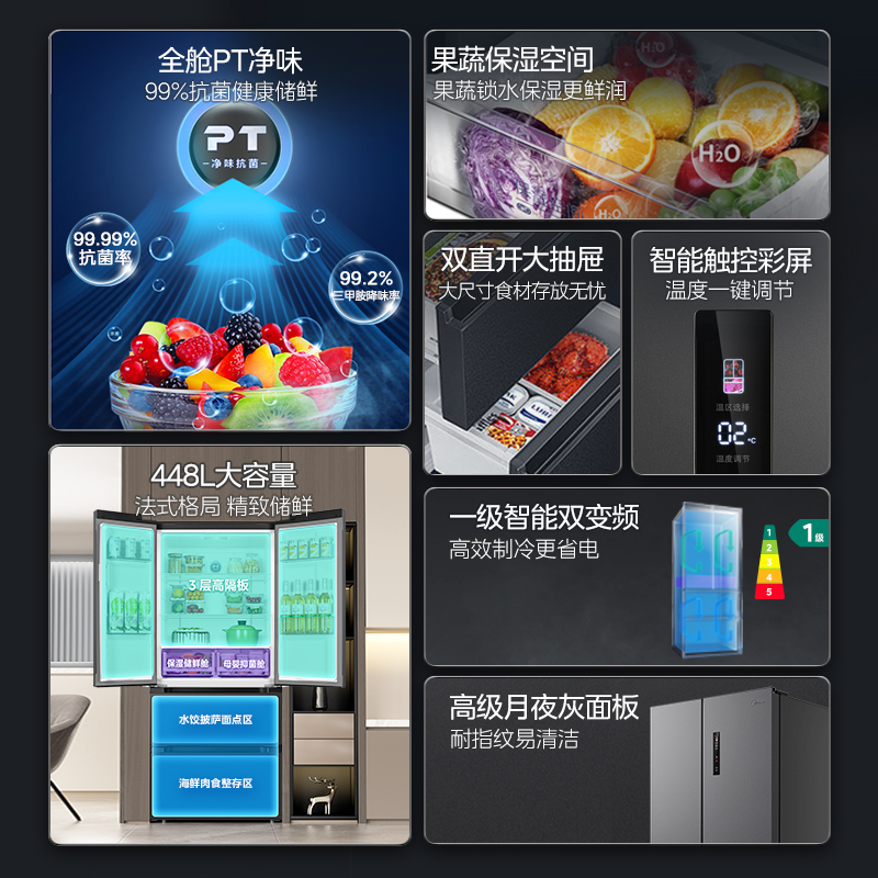 美的448L法式多门双开门四门变频风冷无霜超薄嵌入式一级冰箱家用 - 图1
