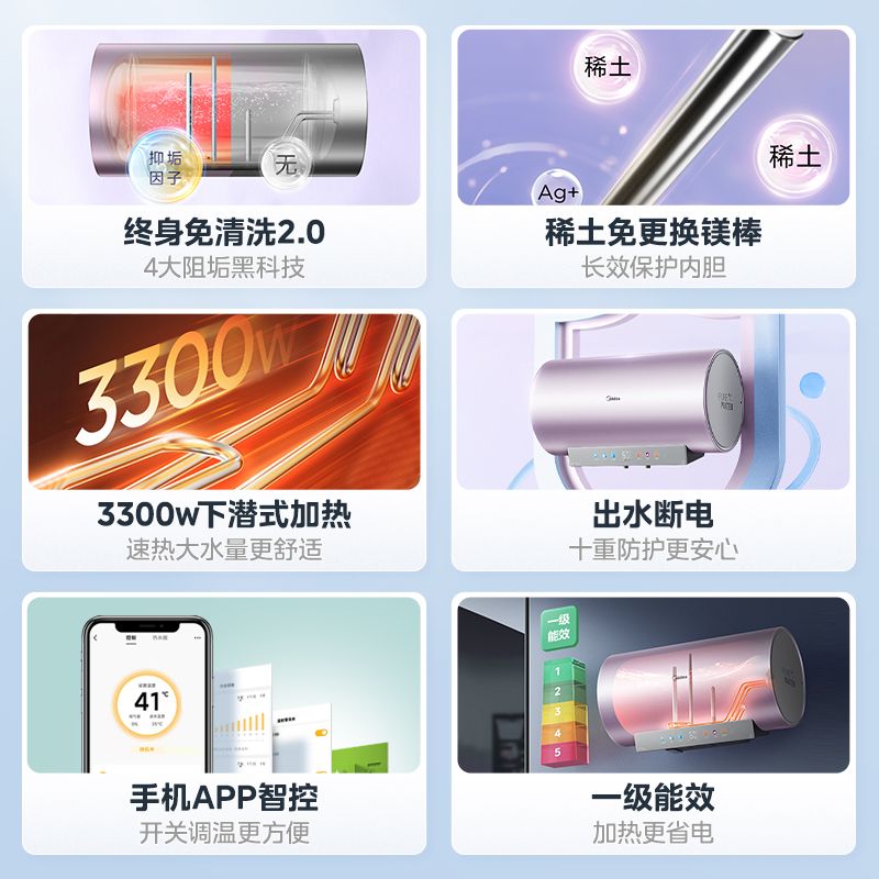 美的电热水器JE8变频3300W储水式一级能效家用60升免更换镁棒80L-图0