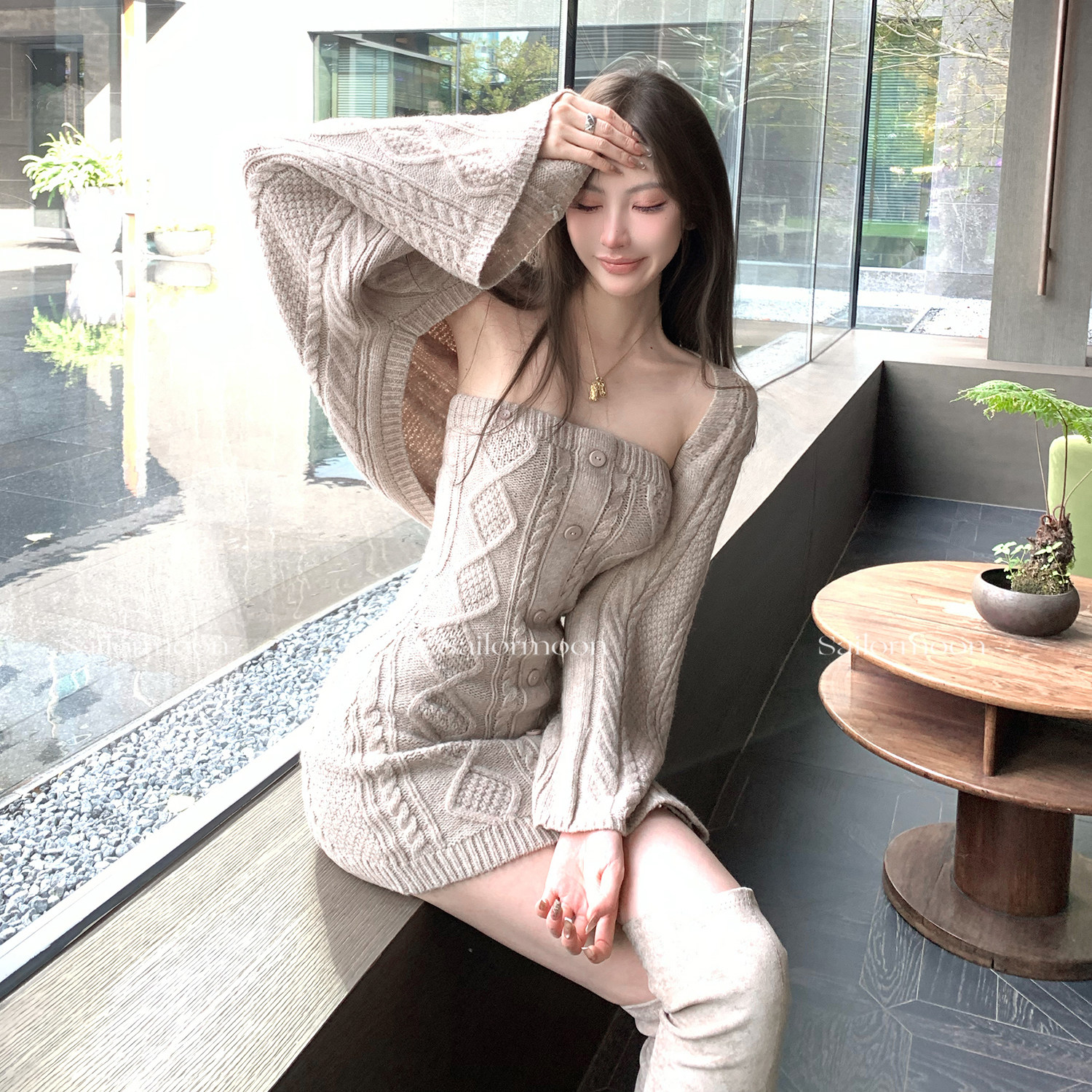 F PROJECT【摩卡慕斯】修身高弹针织包臀裙套装针织短款长袖外套,淘宝优惠券,粉丝福利购,淘宝优惠卷