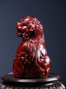 印度小叶紫檀整木雕刻百兽之王狮子案摆客厅书房别墅装饰动物摆件