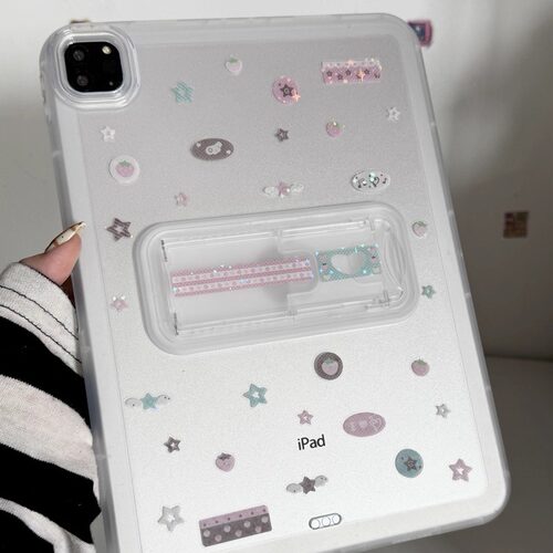 ins韩风镭射草莓音符透明支架可调节适用苹果三星华为2025ipadpro保护套平板Air34678壳第十代小米Matepad女S - 图1