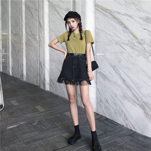 Denim skirt new style Hong Kong style mesh splicing